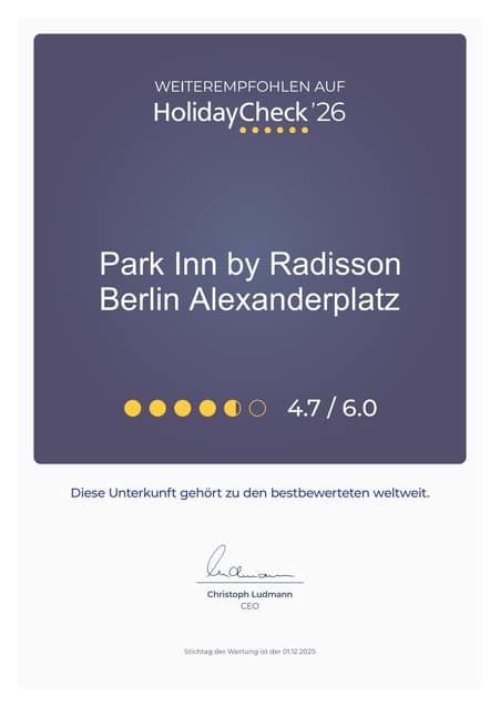 german-certificate Parkinn by Radisson Berlin am Alexanderplatz Holiday Check Zertifikat 2025